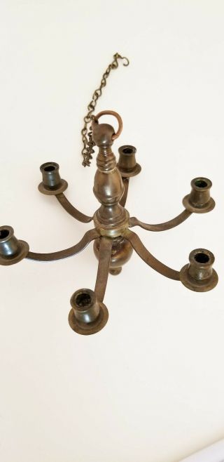 Antique Solid Brass 6 Arm Candel Chandelier On Long Chain
