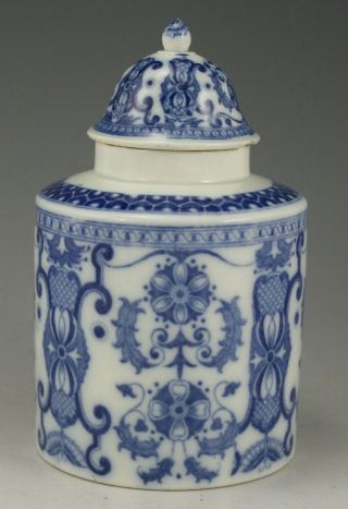 Antique Pottery Pearlware Blue Transfer Violin Pattern Tea Caddy & Lid 1810