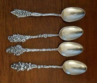 Set Of 4 Sterling R.  Wallace & Sons K Monogram Floral Demitasse Spoons