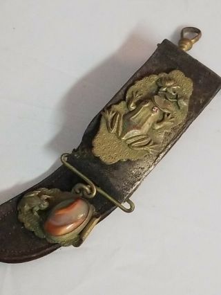 Antique Art Nouveau Brass Leather Frog Lily Pad Watch Fob
