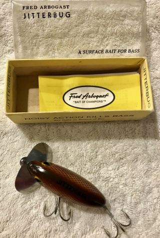 Fishing Lure Fred Arbogast Jitterbug Rare Brown Scale Color Box & Papers Beauty