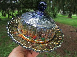 Fenton Butterfly & Berry Antique Carnival Art Glass Covered Butter Dish Blue