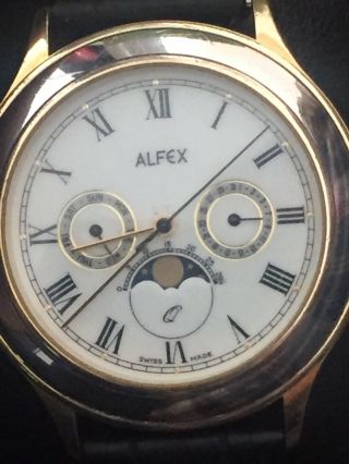Vintage 1970’s “alfex” Gold Plated Swiss Movement,  Calender,  Moon Phase,  Watch