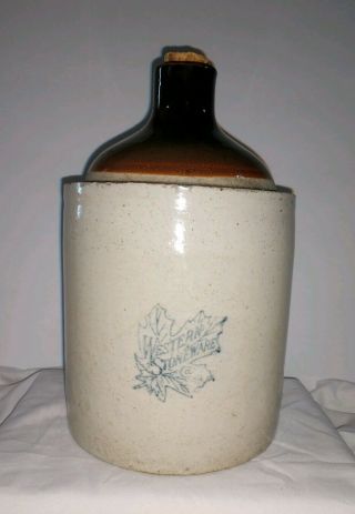 Western Stoneware Bottle Jug Crock Moonshine Blue Maple Leaf Antique Early 1900s