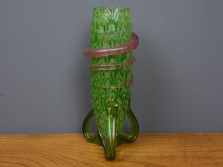 A/F Antique Bohemian Art Nouveau iridescent green mica glass vase Kralik Loetz 2