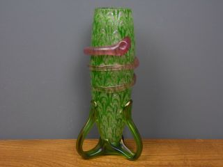 A/F Antique Bohemian Art Nouveau iridescent green mica glass vase Kralik Loetz 3