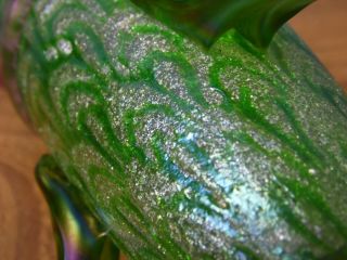A/F Antique Bohemian Art Nouveau iridescent green mica glass vase Kralik Loetz 7