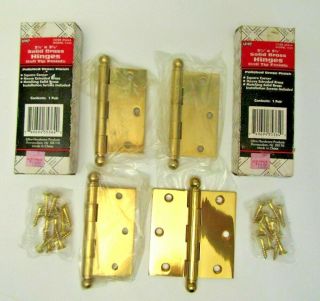 4 Solid Brass Door Hinges Ball Finial Polished Brass Square Corners 3 1/2 " Vtg