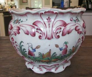 Antique French Faience Pottery Chinoiserie Cache Flower Pot Tulips Oriental Tenn