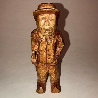 Vintage Hand Carved Wooden Figurine Old Man With Gun Light Brown Color