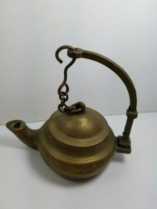 Antique Brass Whale Oil Betty Lamp,  19th Century Early Primitive Lighting Z72