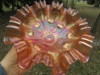 Dugan Weeping Cherries Antique Carnival Art Glass 10 Ruffle Bowl Marigold
