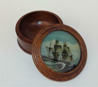 Vintage Wooden Desk / Trinket Box Reverse Painted Sailing Ship On Glass Nautical