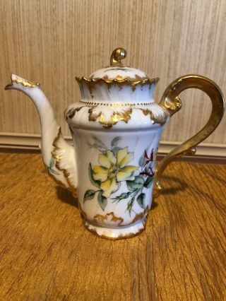 Antique Bm Elite Limoges,  France Floral Teapot Gold Trim 8 Inches Tall