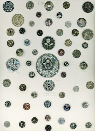 Card Of White Metal Buttons.  Many Are Brite Cut Pewter.  Also Sterling And Steel