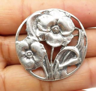 925 Sterling Silver - Vintage Antique Blooming Flowers Round Brooch Pin - Bp2942