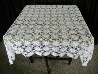 Vintage Hand Crochet Tablecloth - White - 44 " - Sq.  - English