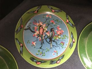 Antique - Vintage Child ' s Tea Cup Saucer Plate Set of 4 Metal Bird Motif 3