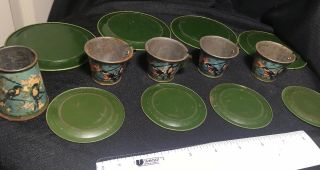 Antique - Vintage Child ' s Tea Cup Saucer Plate Set of 4 Metal Bird Motif 7