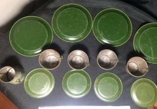 Antique - Vintage Child ' s Tea Cup Saucer Plate Set of 4 Metal Bird Motif 8