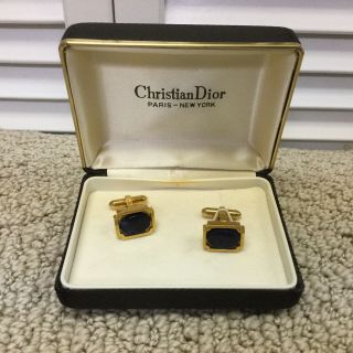 Vintage Christian Dior Cufflinks Blue Onyx Gold Tone Cuff Links Box