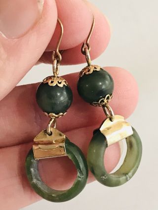 Antique Gilt Metal And Jade Chinese Oriental Earrings