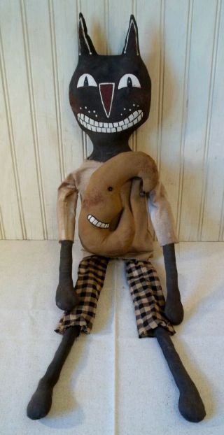 Primitive Grungy Old Time Look Smiling Black Cat Halloween Doll & Smiling Moon