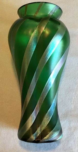 Antique Art Nouveau Loetz Art Glass Vase Green With Iridescent Stripes