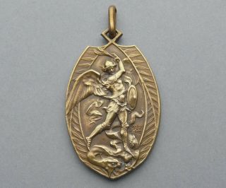 Antique Religious Large Pendant.  Saint Michael Archange.  1910.  Bruxelles Medal.