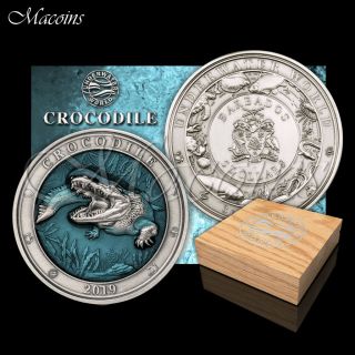 Crocodile Underwater World 2019 Barbados 3 Oz 999 Silver Antiqued Coin