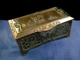 Antique Victorian Art Nouveau Brass Jewellery Trinket Box Chest Mother French
