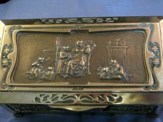 ANTIQUE VICTORIAN ART NOUVEAU BRASS JEWELLERY TRINKET BOX CHEST MOTHER FRENCH 2