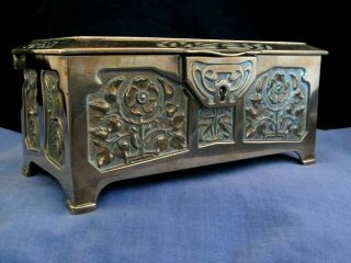 ANTIQUE VICTORIAN ART NOUVEAU BRASS JEWELLERY TRINKET BOX CHEST MOTHER FRENCH 4