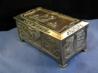 ANTIQUE VICTORIAN ART NOUVEAU BRASS JEWELLERY TRINKET BOX CHEST MOTHER FRENCH 7