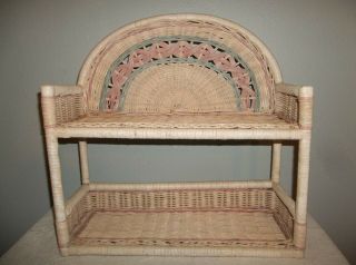 Vintage Wicker Rattan Bathroom 2 Tier Wall Shelf Blue And Pink Natural Hanging