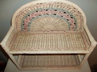 Vintage Wicker Rattan Bathroom 2 Tier Wall Shelf Blue and Pink Natural Hanging 2
