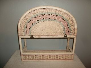 Vintage Wicker Rattan Bathroom 2 Tier Wall Shelf Blue and Pink Natural Hanging 4