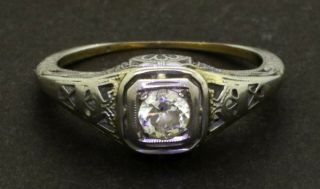 Antique 18k White Gold 0.  30ct Diamond Solitaire Filigree Wedding Ring Size 5.  5