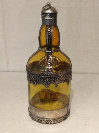 Mcm Mid Century Amber Art Glass Bottle Metal Wrapped Medieval Renaissance Chivas