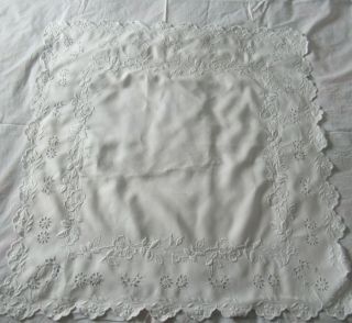 Vintage Small Linen Tablecloth Whitework Embroidery Scalloped Edge 32 " Sq