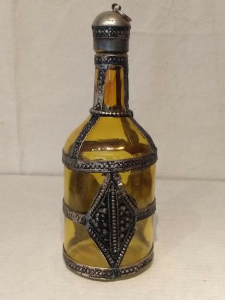 Mcm Mid Century Amber Art Glass Bottle Silver Metal Wrapped Medieval Renaissance