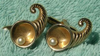 Vintage Cornucopia Horn Of Plenty Cufflinks By Swank Goldtone With Pearls