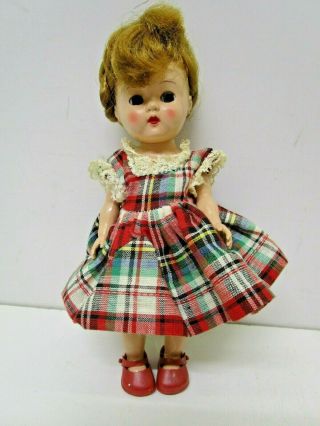 Vintage Cosmopolitan Small Eye Walker Ginger Doll In Red Plaid Outfit