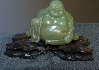 Antique Vintage Chinese Carved Green Jade Buddha Figurine Statue N/r