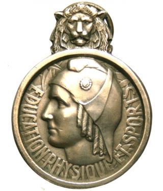 French Marianne Lady & Lion Head Decors - Antique Art Medal M.  14 C