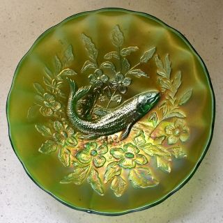 Antique Carnival Glass Green Millersburg Trout & Fly 9” Bowl
