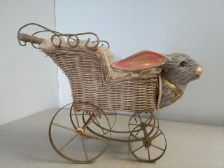 Antique Wood Carved Bunny Rabbit Doll Buggy Carriage Stroller Wicker Basket