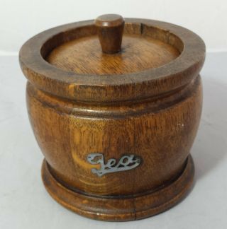 Antique / Vintage Treen Turned Wood Oak Round Tea Caddy With Lid & Liner C.  1920s