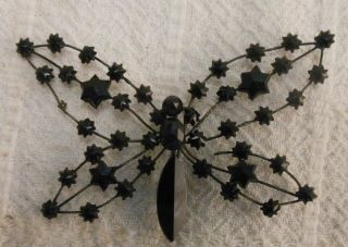 Antique Victorian Black Carved Jet Mourning Brooch Butterfly