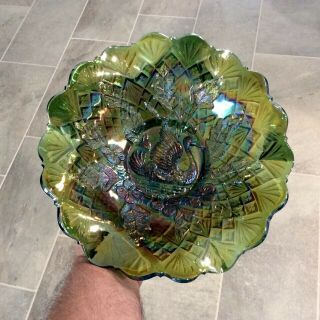 Millersburg Antique Carnival Glass Green Nesting Swan ruffled bowl Radium 3